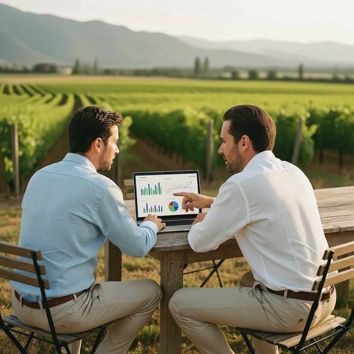 Deux hommes discutant de graphiques financiers sur un ordinateur portable dans un vignoble, collaboration et analyse de données en plein air.