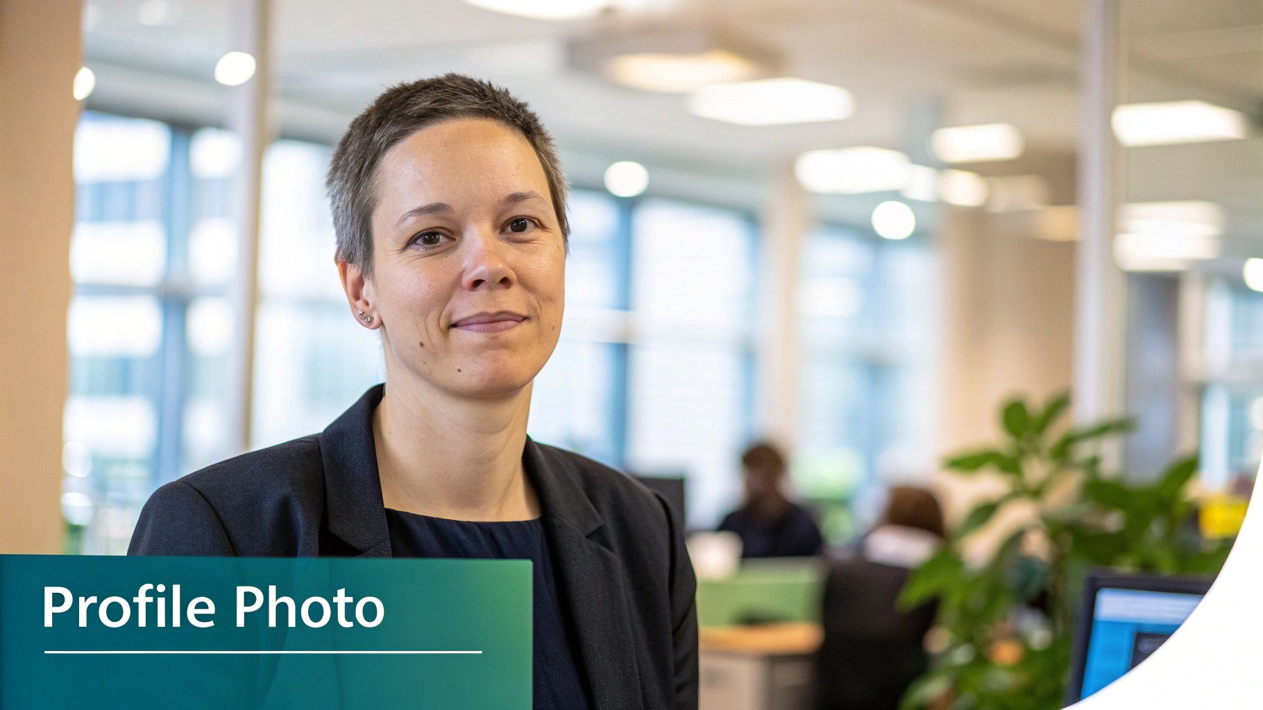 A professional woman with short hair smiling in an office environment, suitable for a profile photo.