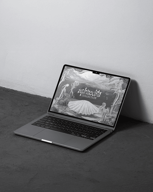  Gaia website mockup — laptop showing Aphrodite collection landing page, web design for jewelry brand