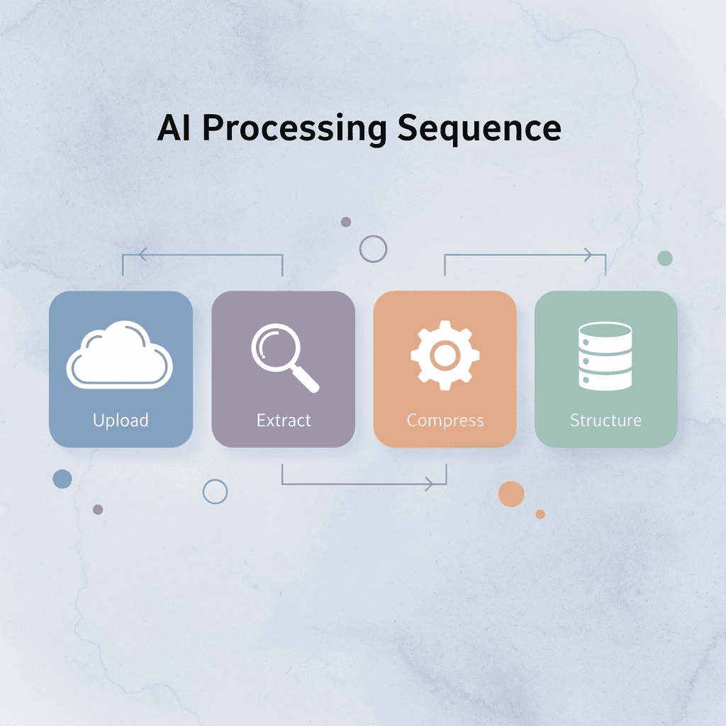 Process flow showing AI processing sequence from upload to structure - How to Process Information Faster