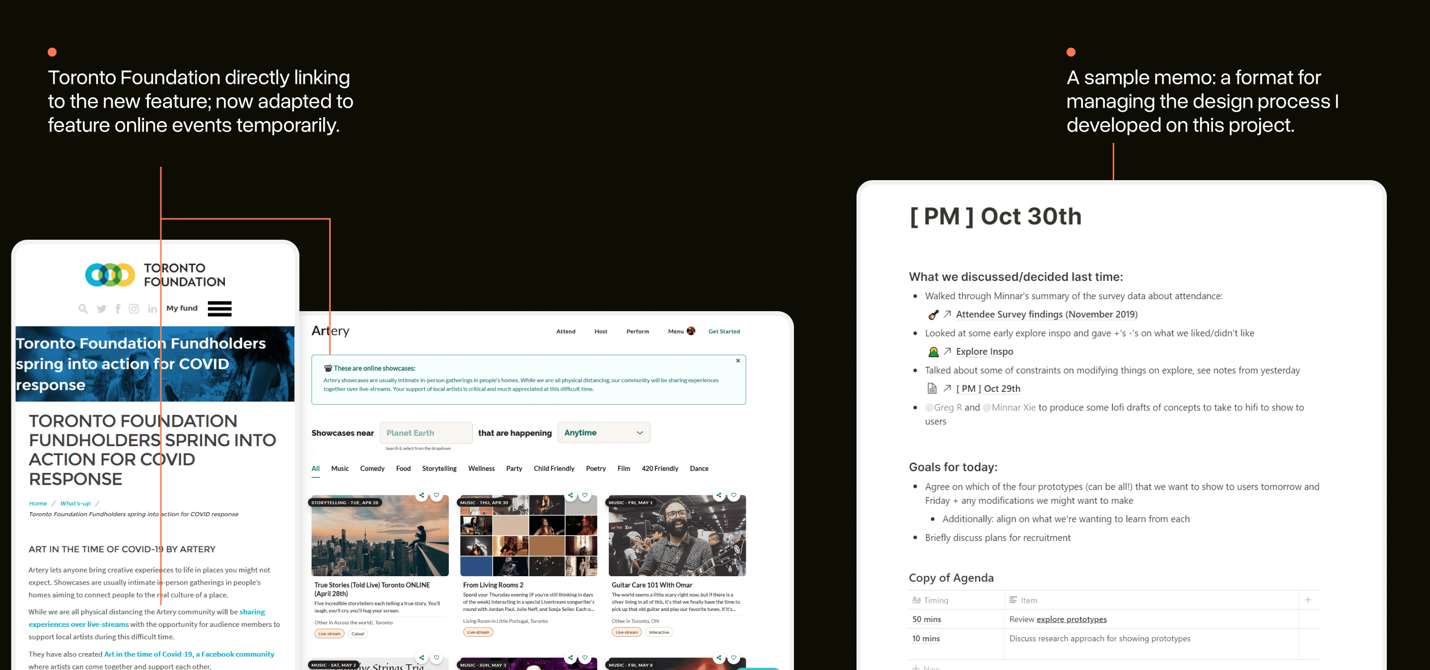 On the left, an article is highlighted from the Toronto Foundation linking to the new feature. On the right a sample meeting memo we used during the project is shown.