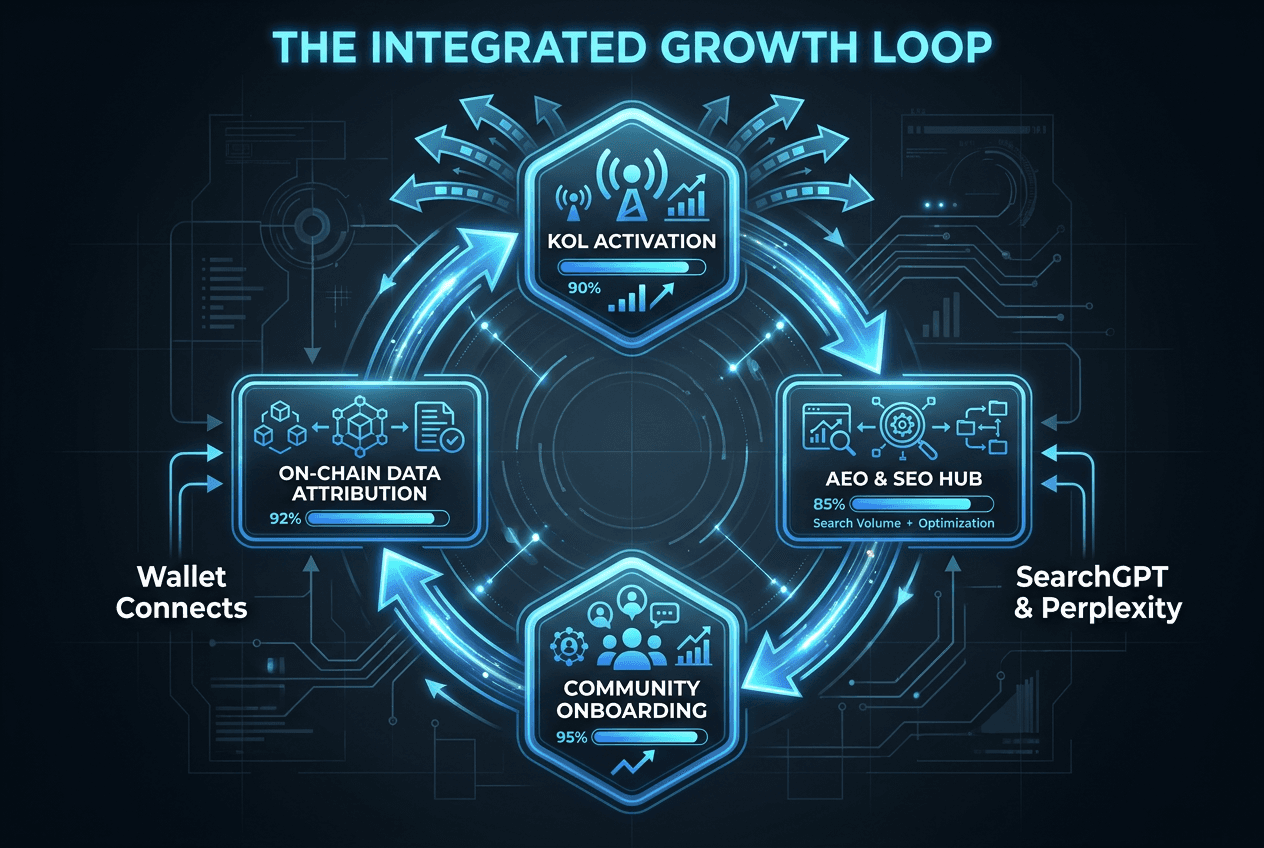 Diagram of the Integrated Growth Loop for Web3 marketing showing the connection between KOLs, AI engine optimization, community, and on-chain data.
