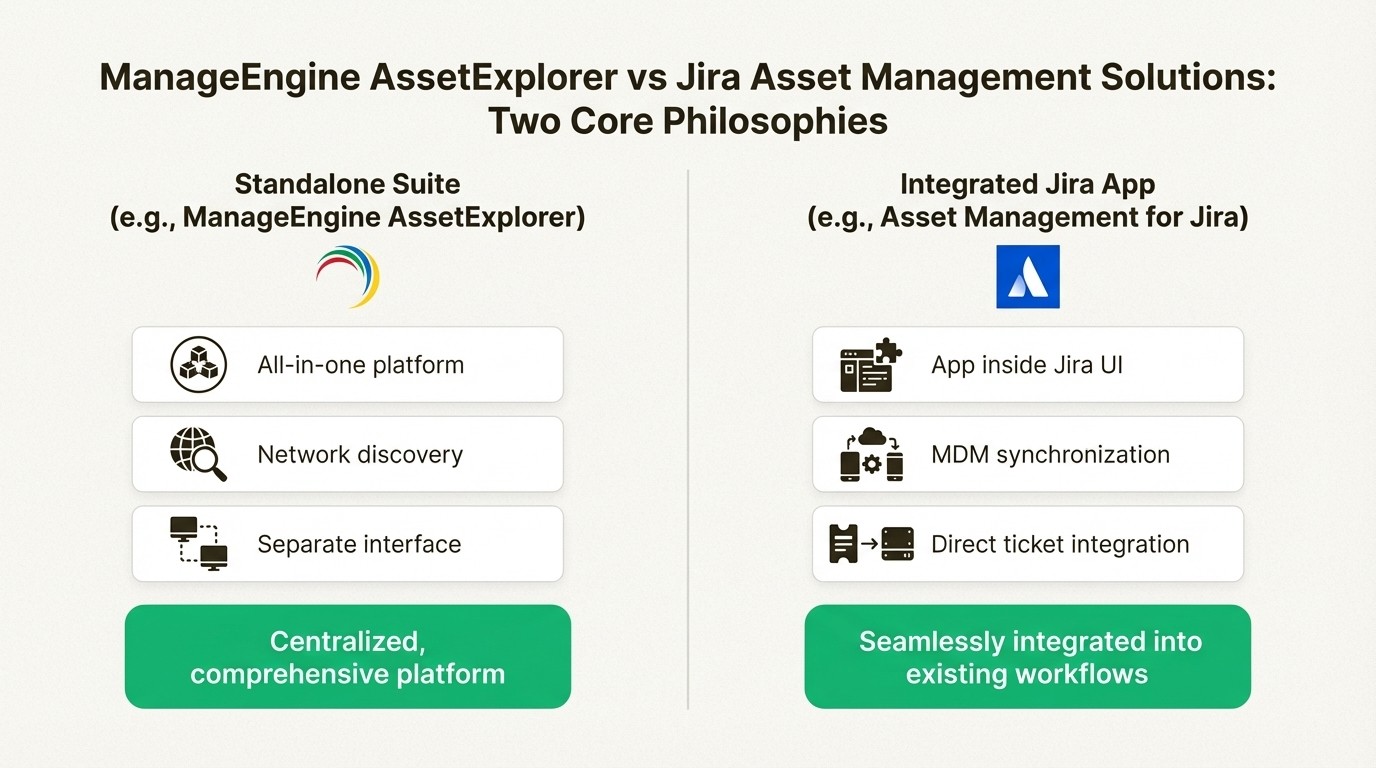 An infographic comparing the core philosophies of ManageEngine AssetExplorer vs Jira Asset Management Solutions, showing a standalone suite versus an integrated Jira app.