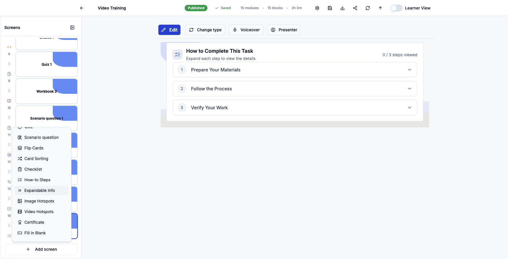 Select Expandable Info to add accordion-style content learners can expand to read more details.