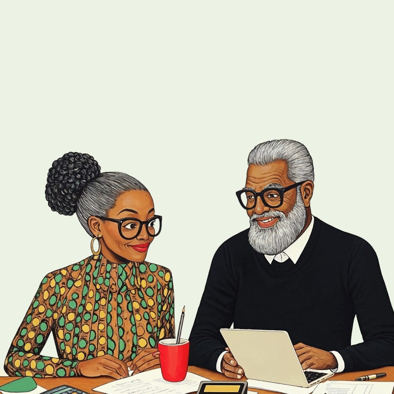 An illustration of an older couple sitting at a table reviewing their financial plan