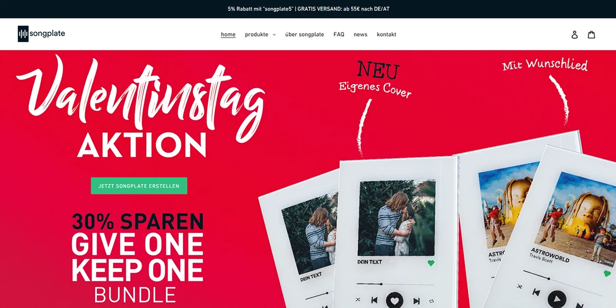 Screenshot der Homepage des Songplate Webshops mit der Valentinstag-Aktion, auf der Glasplatten zu sehen sind.