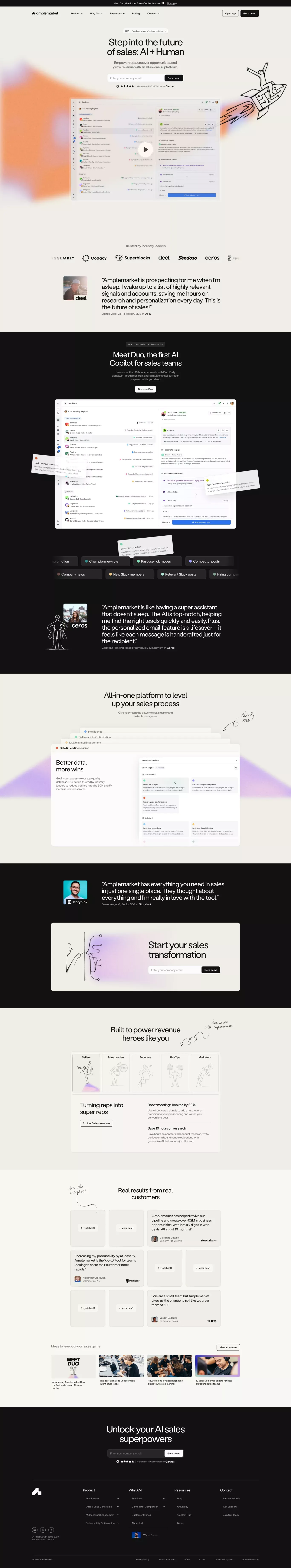 Amplemarket: AI sales copilot for precis landing page screenshot showcasing Tech and Ecommerce design
