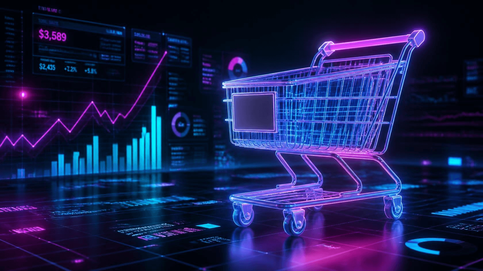 Gráfico 3D neon de e-commerce e finanças em fundo grafite