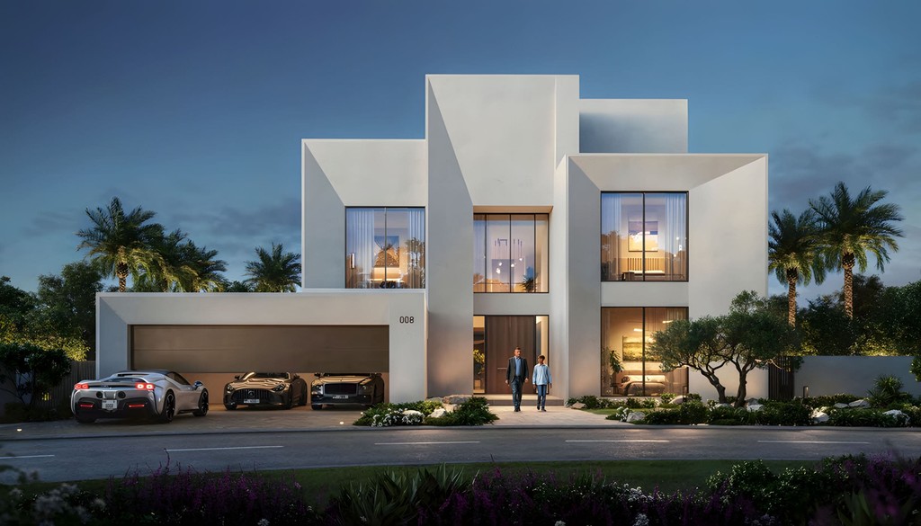 New development at the corner of the street, Address Villas Tierra, showcasing modern architecture and landscaping.