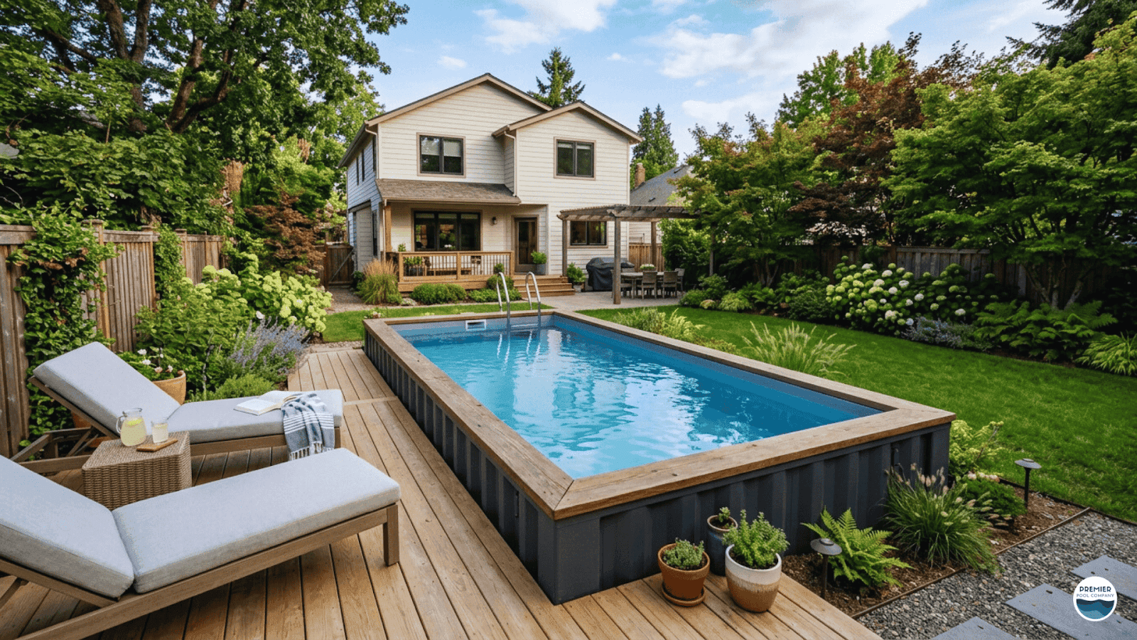 Residential shipping container pool installation in backyard