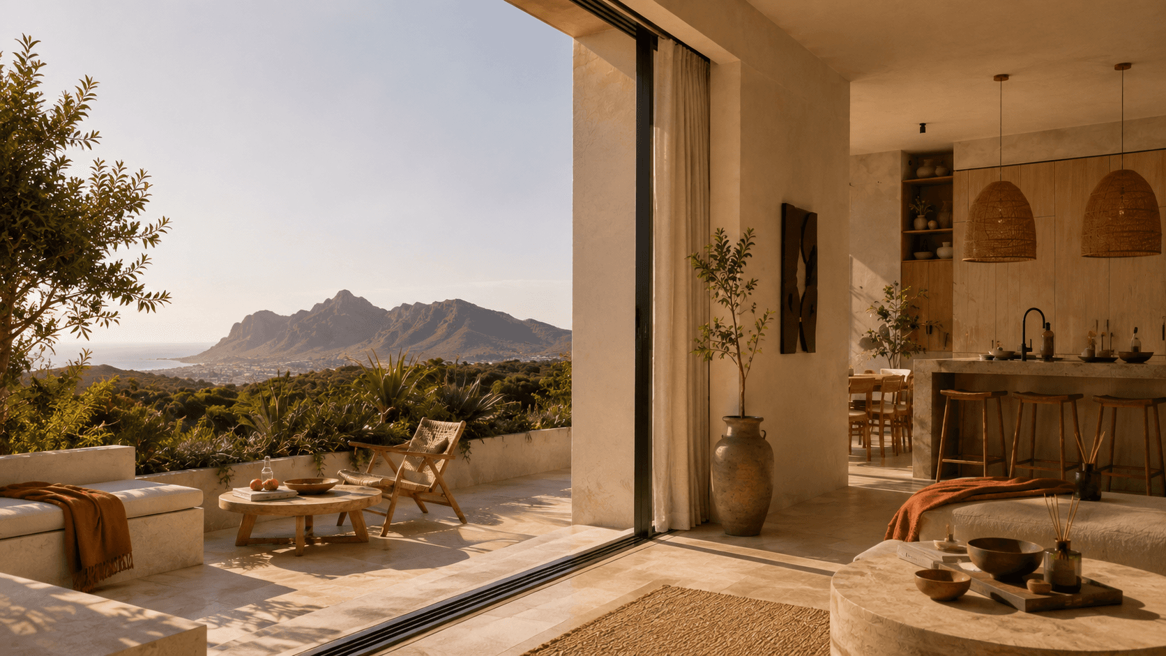 Townhouse bei Kapstadt mit Blick auf Berge und Meer, gestaltet mit Naturstein, Holz und warmen erdigen Tönen.