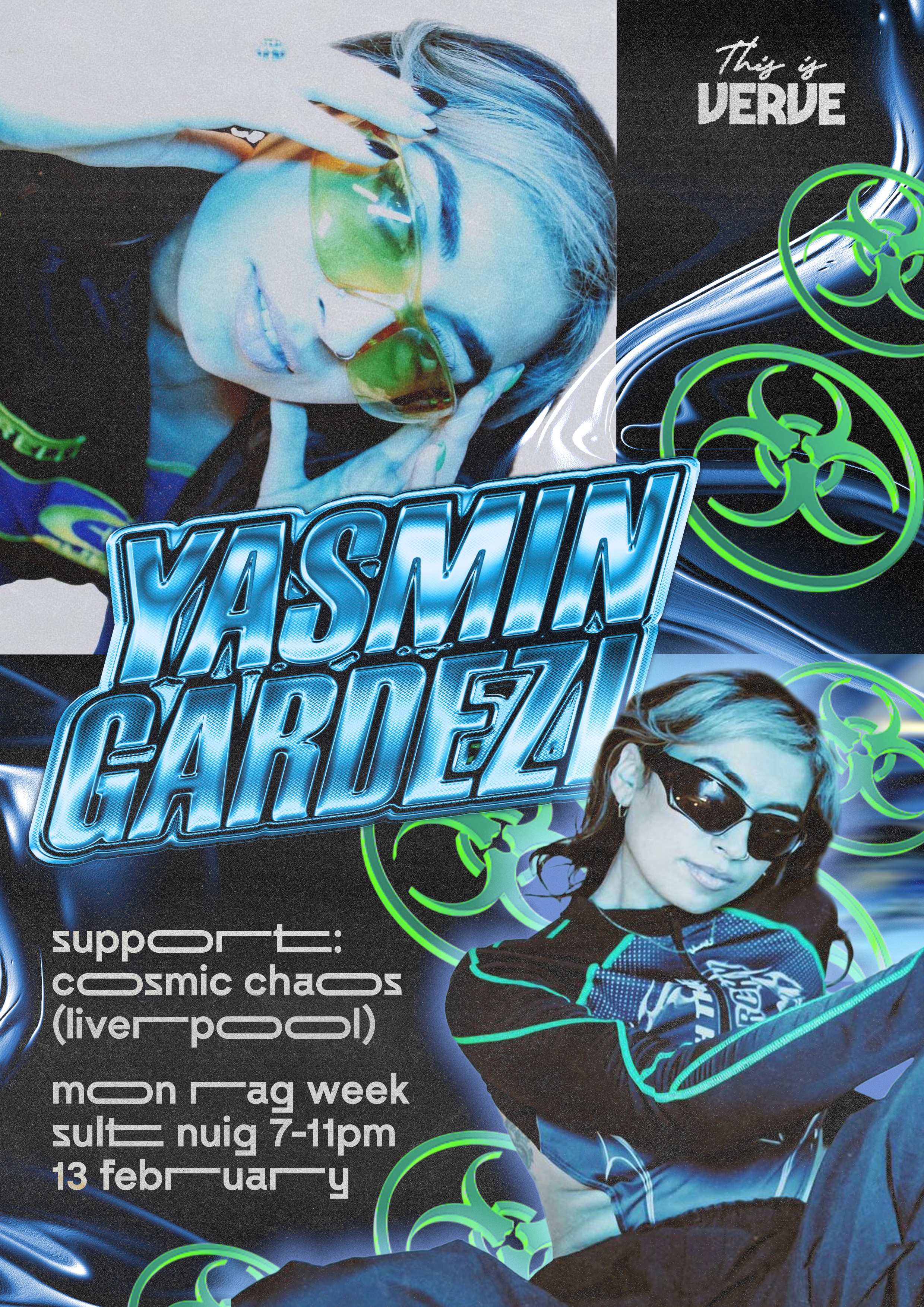 Futuristic blue and silver event poster featuring circular metallic graphics and performer name Yasmin Charvel.