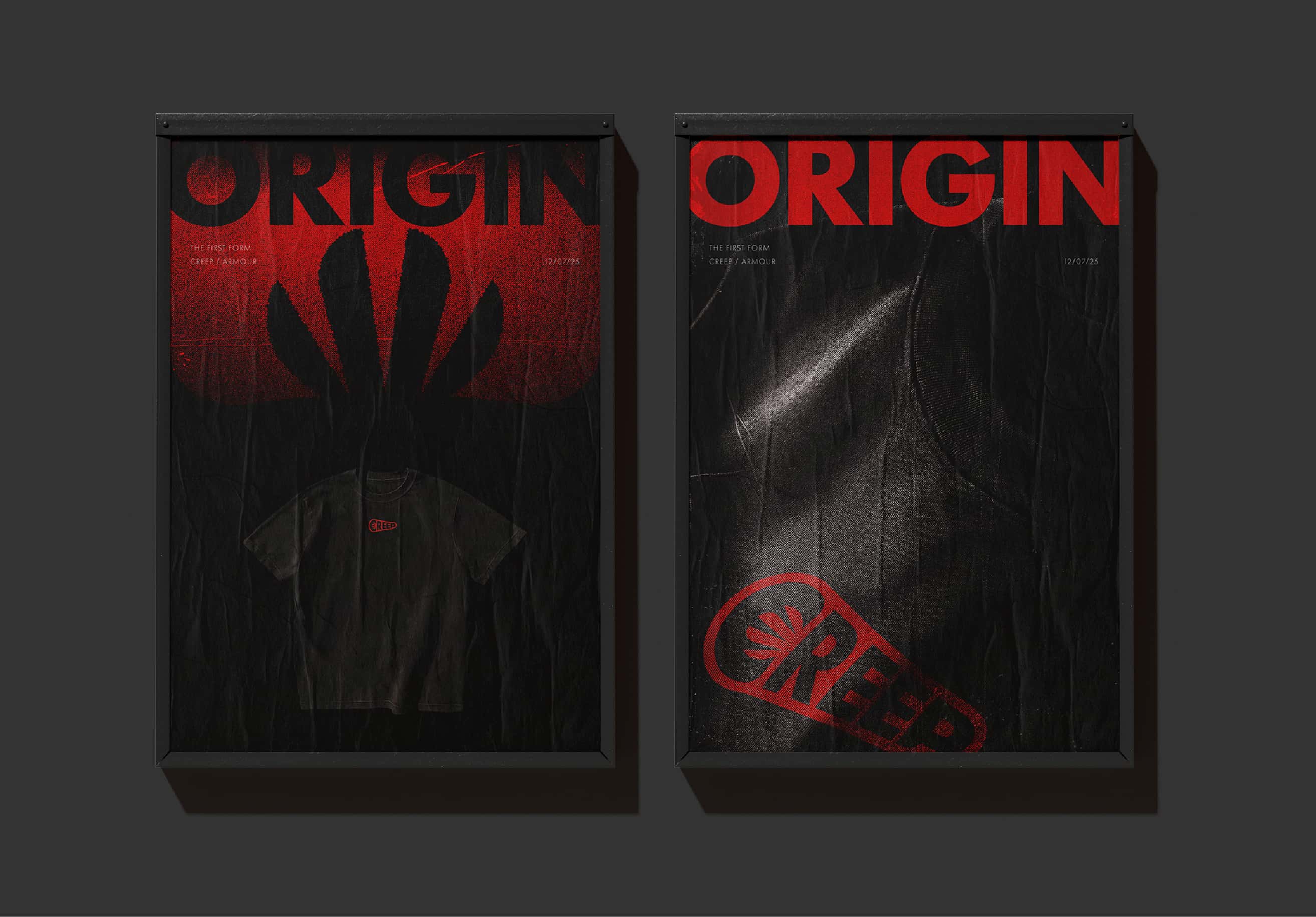 streatwear posters for new clothing drop, origin in red.