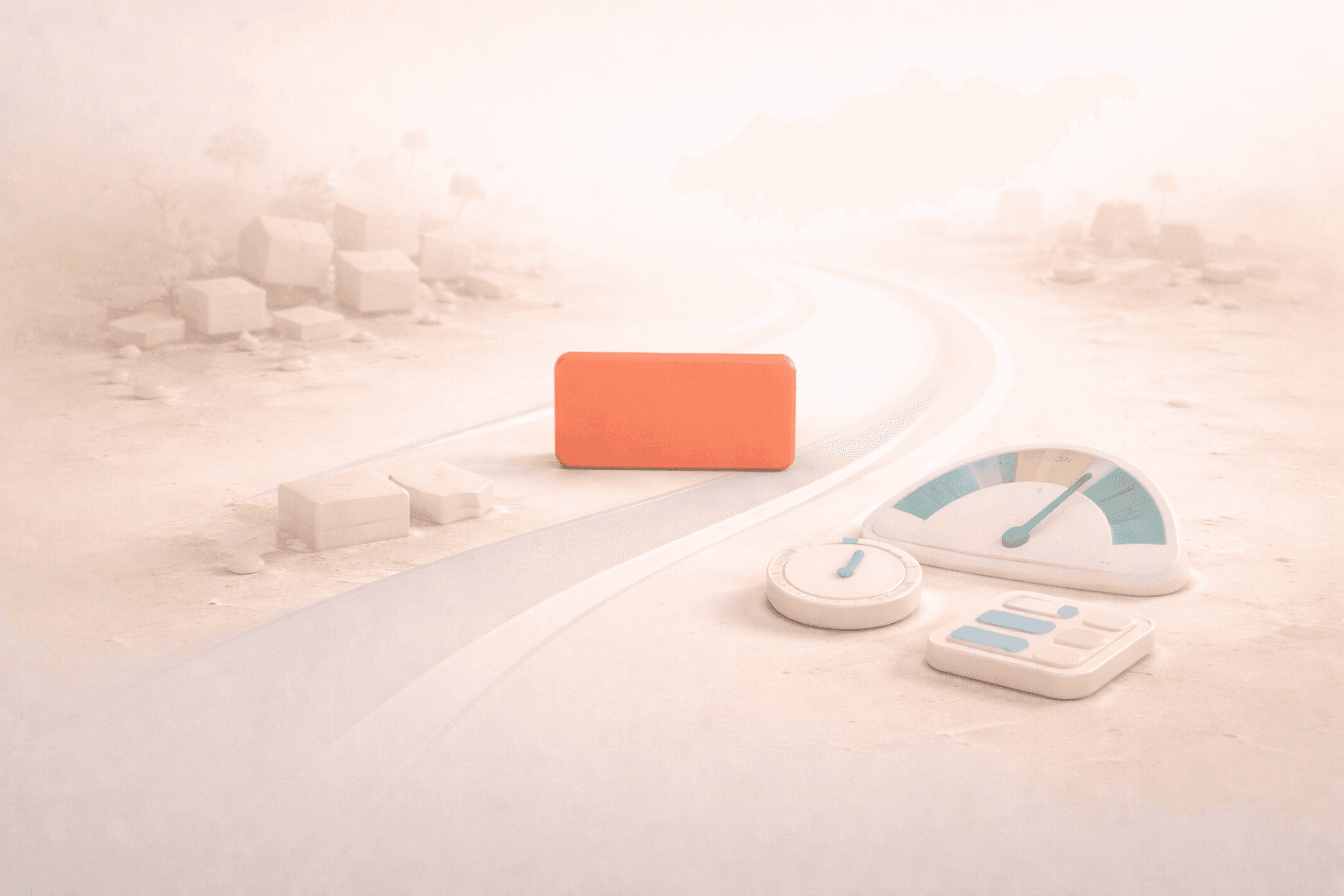 Minimalistische 3D-Illustration einer korallfarbenen Fokuskarte auf einem klaren Arbeitsweg, während daneben helle Zeitblöcke verblassen und ein dezenter Kostenindikator, ein Timer-Symbol sowie ein kleines Rechen-Element den finanziellen Einfluss verlorener Zeit auf warmem cremefarbenem Hintergrund darstellen.