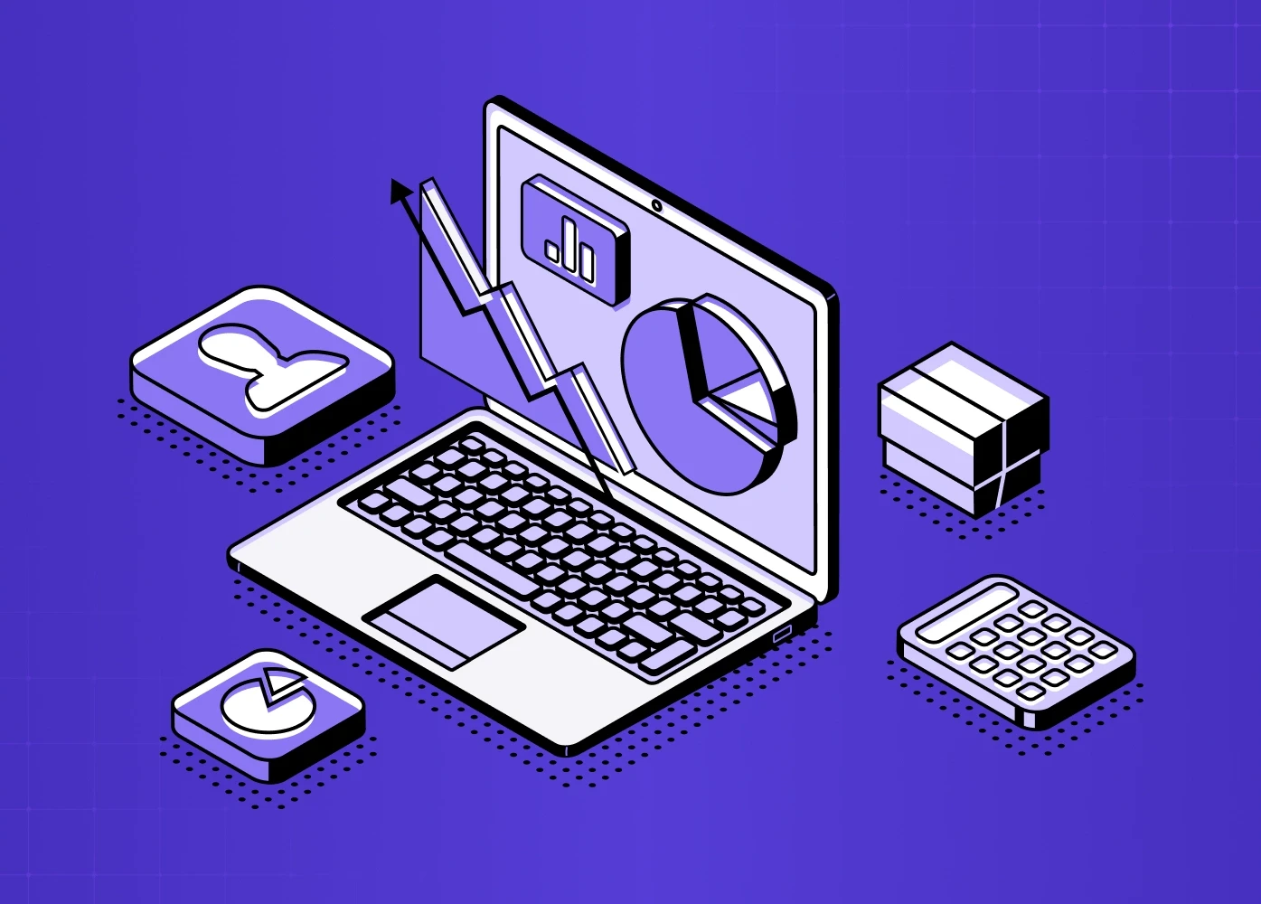 Illustration of a laptop displaying analytics charts and graphs representing website structure, data analysis, and performance insights.