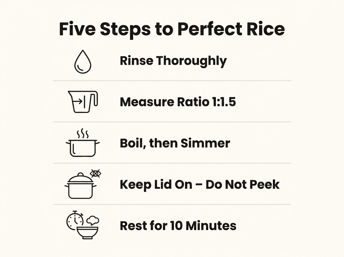 Infographic checklist of five steps to cook rice perfectly