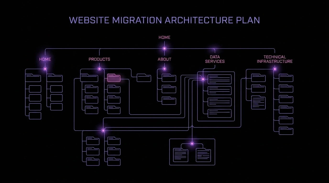 A minimal vector illustration of a digital blueprint with glowing violet lines mapping out a complex website structure on a pitch-black background.