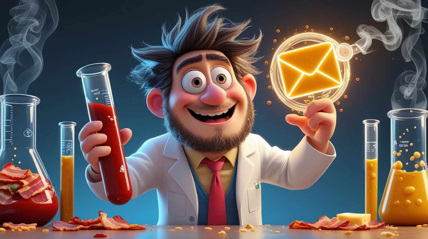 A crazy but friendly cartoon scientist with messy hair, wearing a white lab coat, holding a giant glowing EMAIL EXTRACTOR