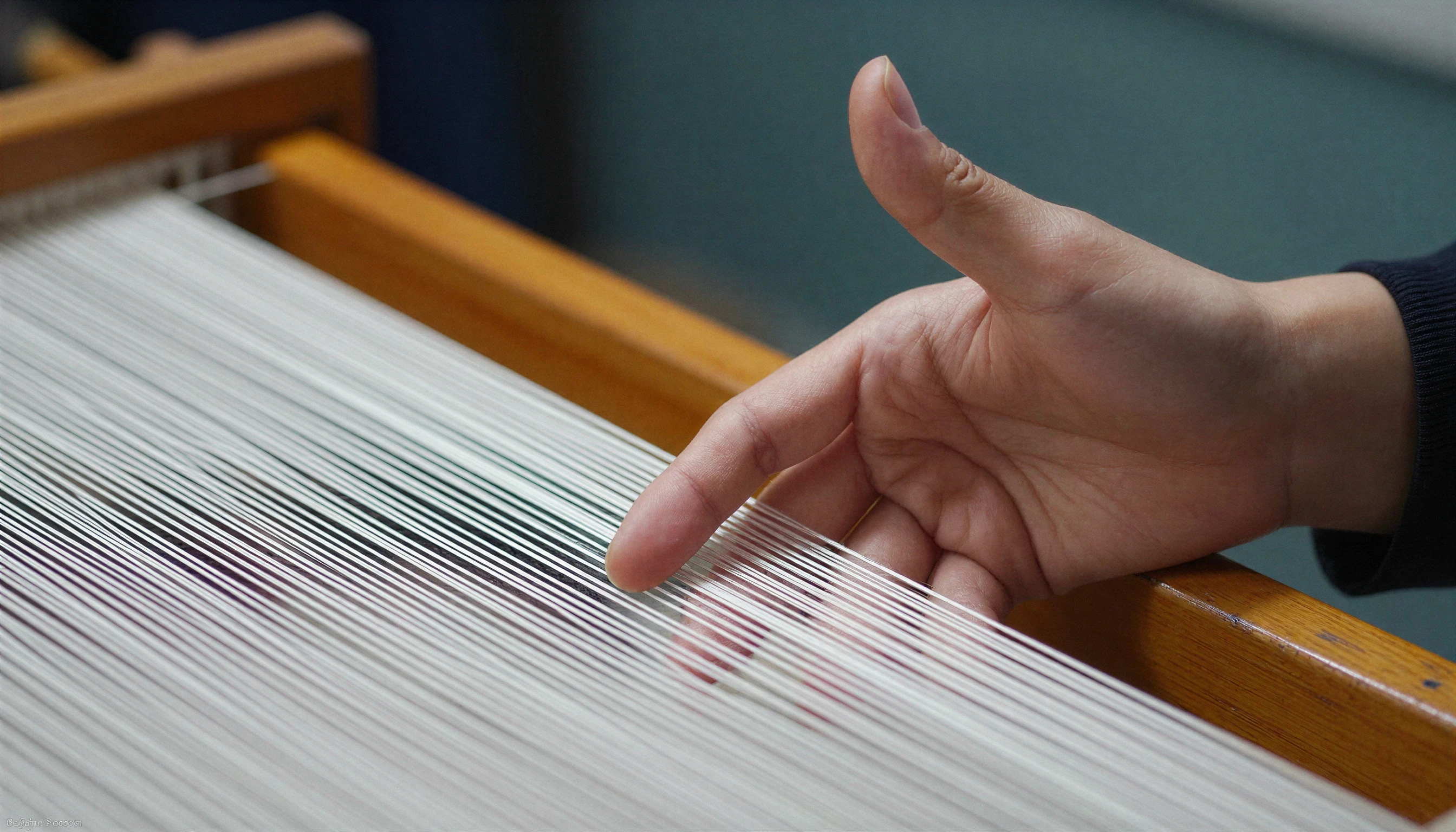 Hand touching silk threads on a loom.