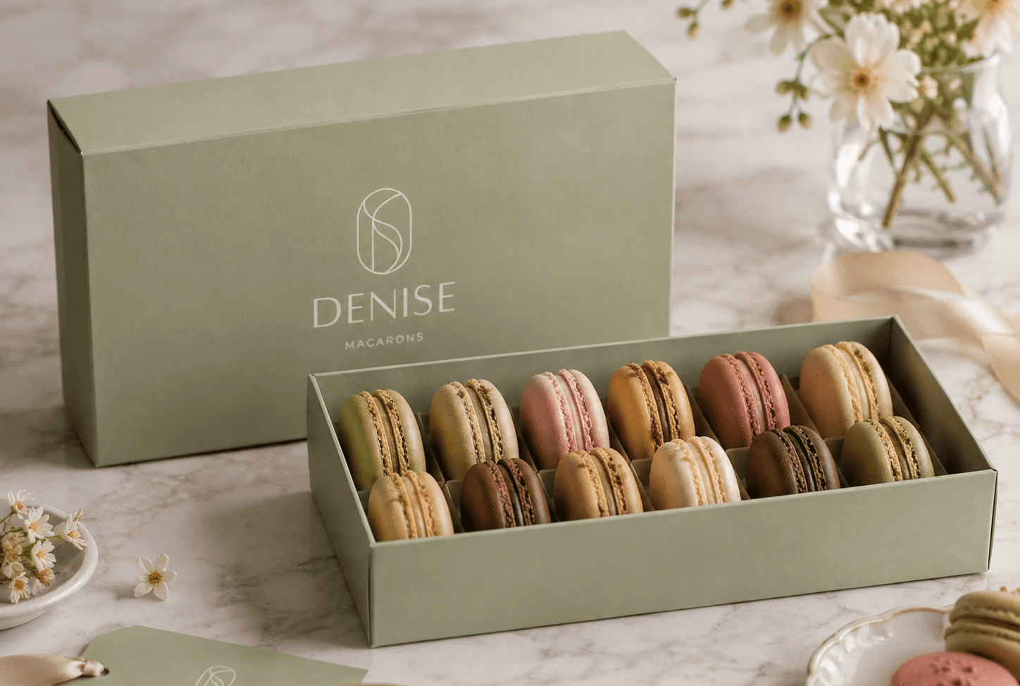 Denise Macarons premium confectionery branding and elegant macaron packaging