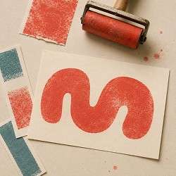 A red roller and ink are used to create an abstract wavy pattern on paper. Surrounding sheets show red and blue ink textures, conveying a creative mood.