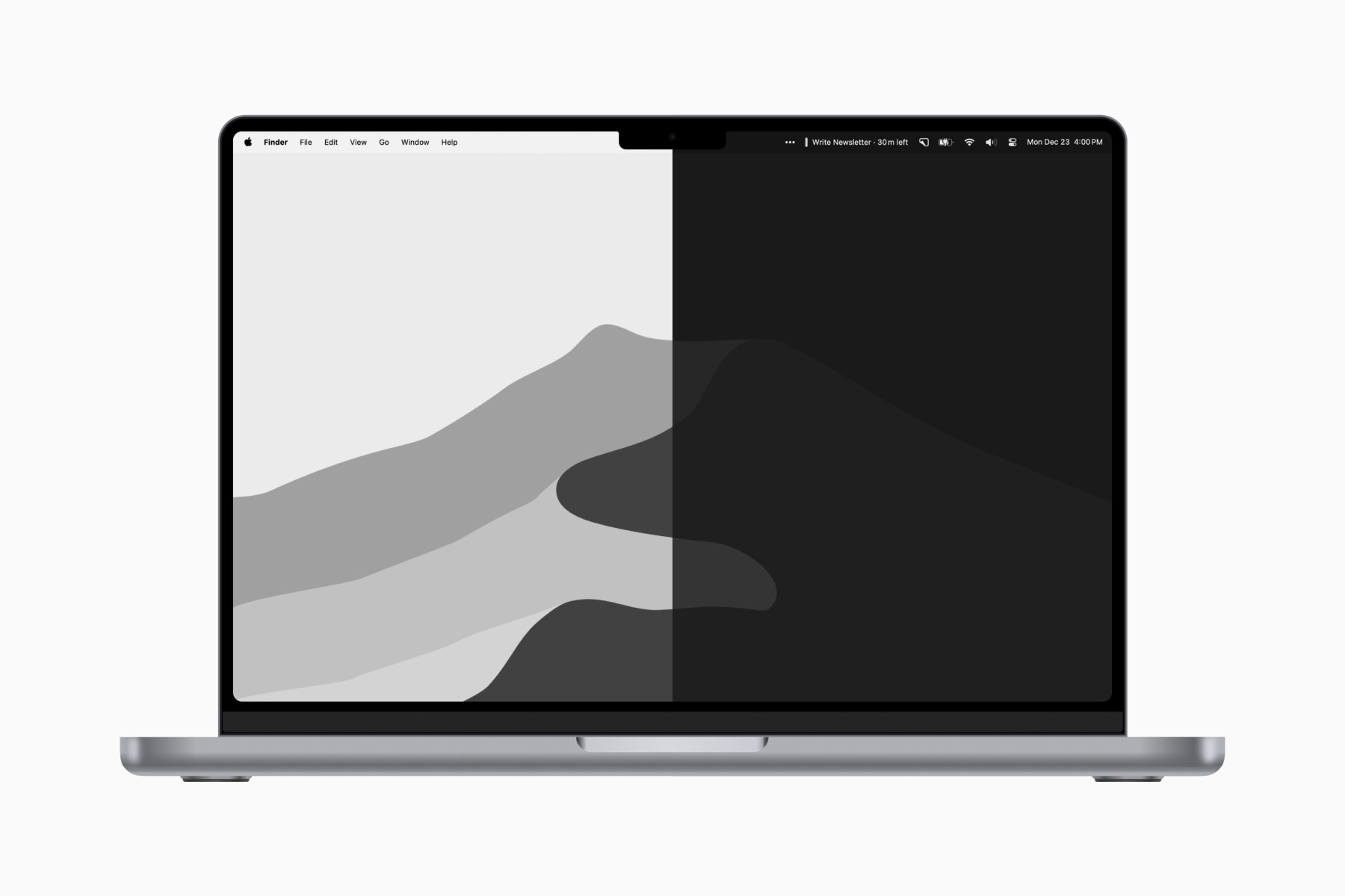 Light and dark minimalist desktop wallpaper on MacBook