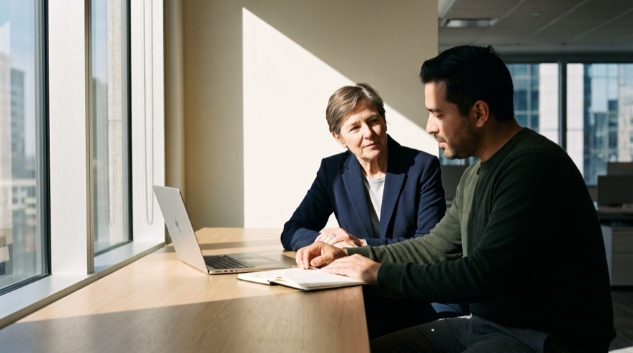 A consultant in a one-to-one advisory conversation with a client