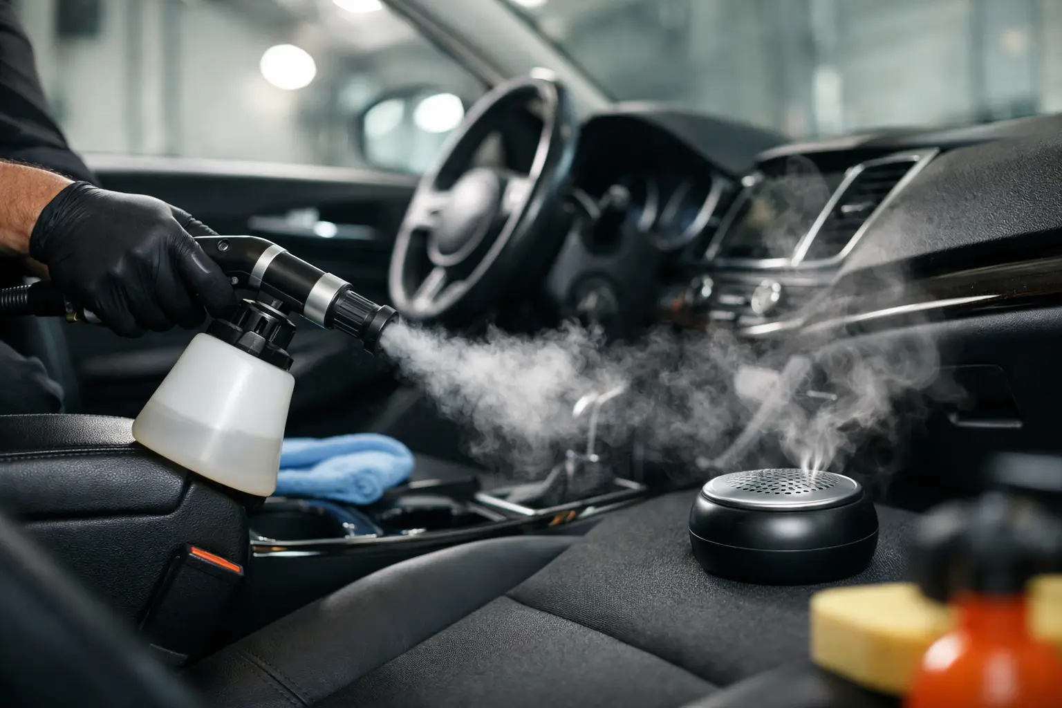 Steam cleaning a cars interior