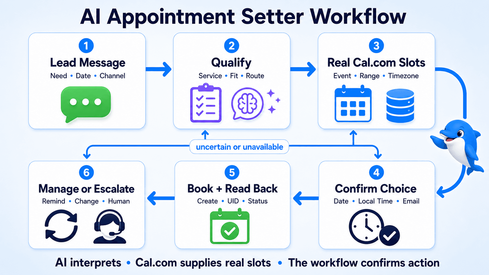 An AI appointment setter workflow from lead message through qualification, Cal.com availability, confirmation, booking readback and lifecycle management