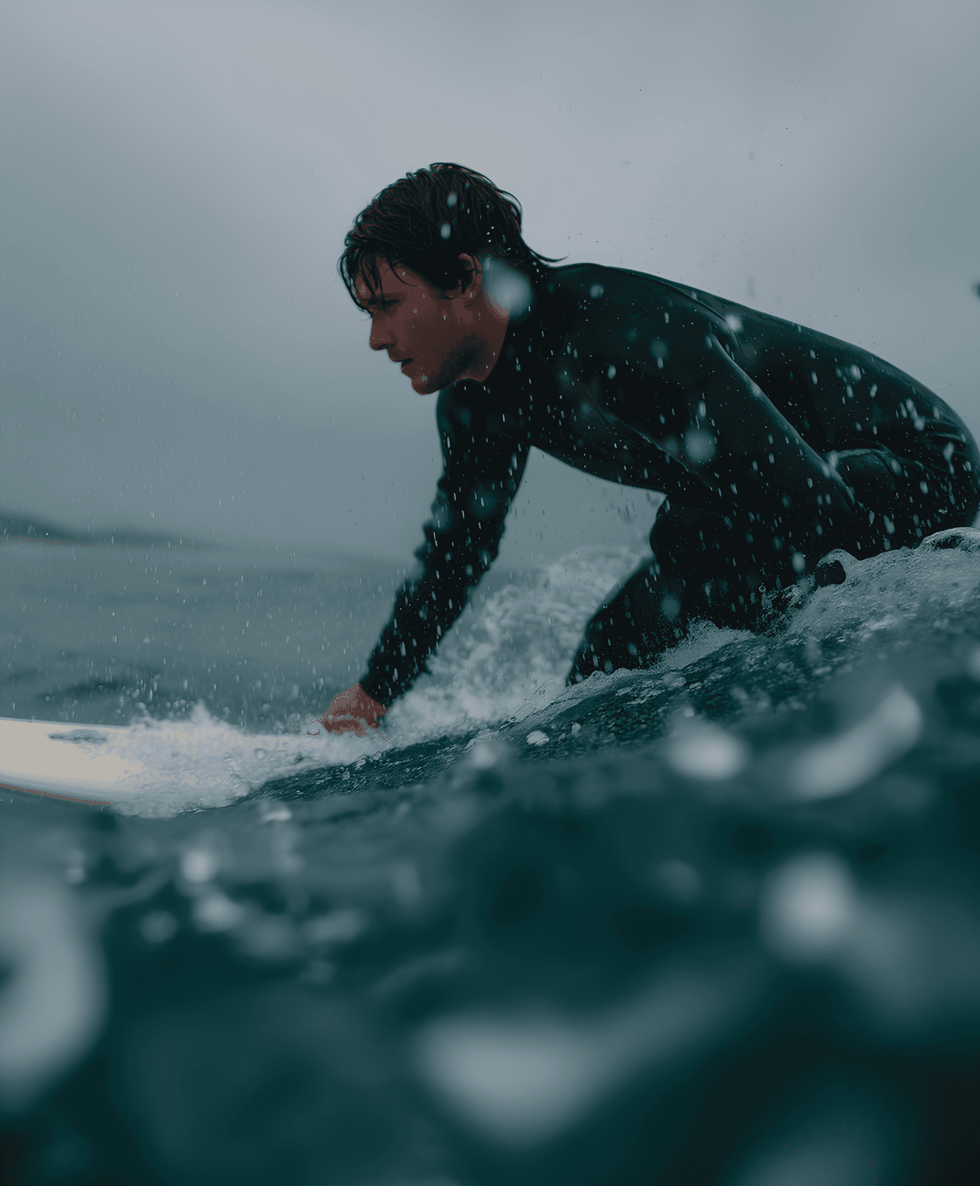A male surfer in a black full wetsuit crouched low on his board, riding a dark, choppy wave under overcast skies; water sprays around him as he grips the rail, focused expression, misty coastal backdrop visible in the distance.