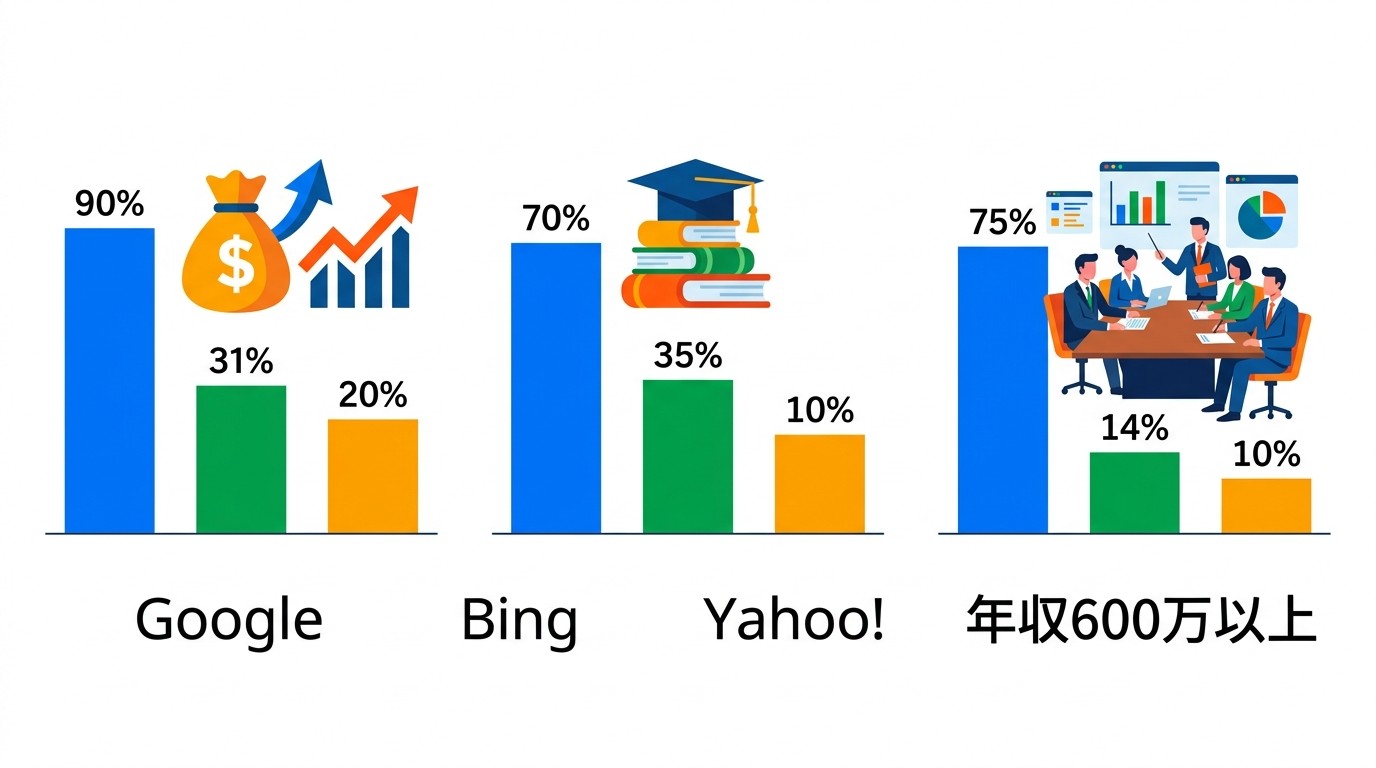 Microsoft広告（Bing・Yahoo!）の検索ユーザーはGoogle検索より高年収・高学歴の比率が高く、BtoB商材のターゲット層と合致しやすい。特に年収600万円以上の層でのリーチ効率が優れている。