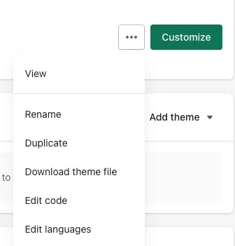 Shopify theme actions menu with the Edit code option for adding the GA4 tag