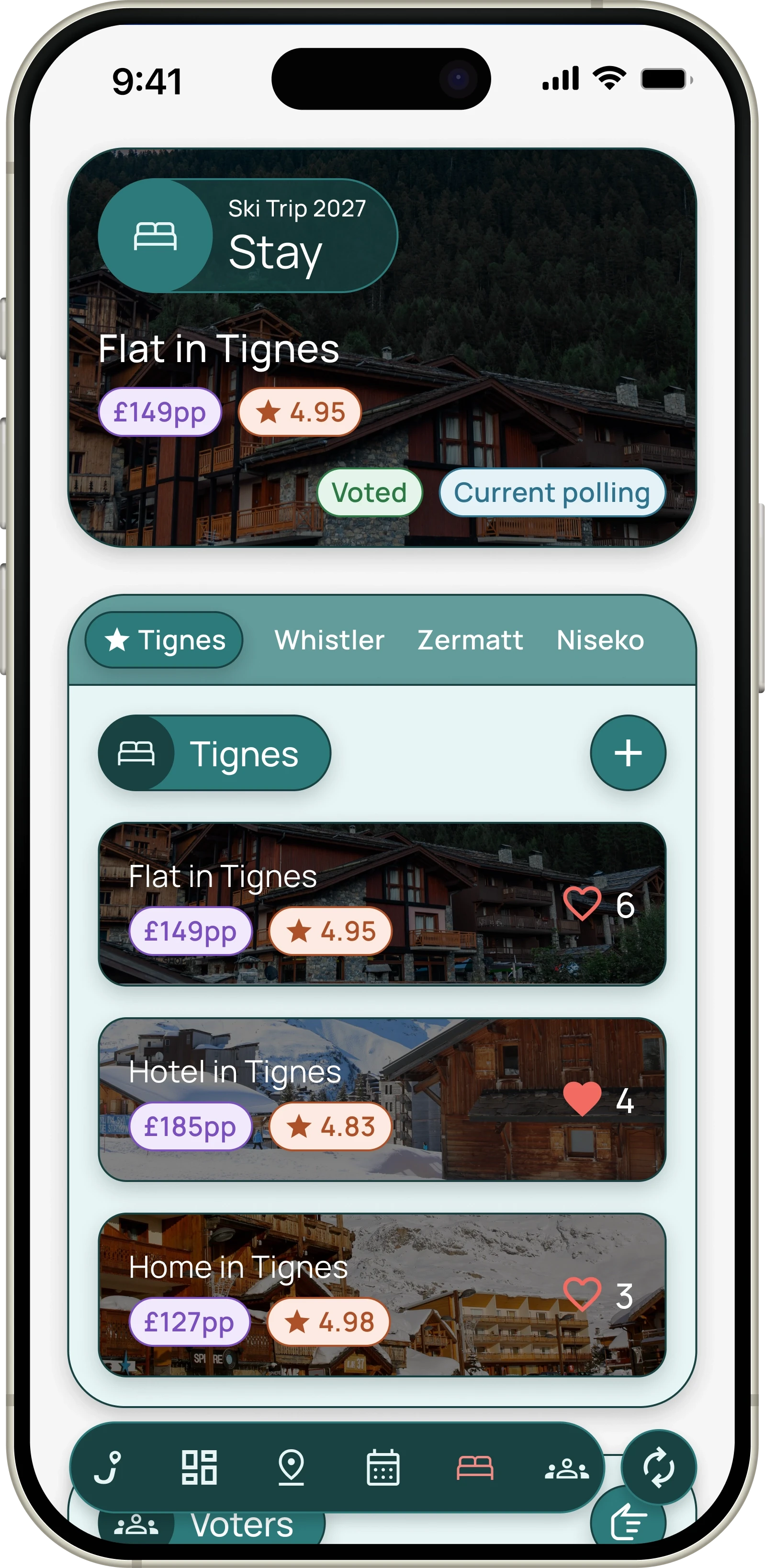 Jaunt accommodation vote showing places to stay in Tignes with prices and ratings