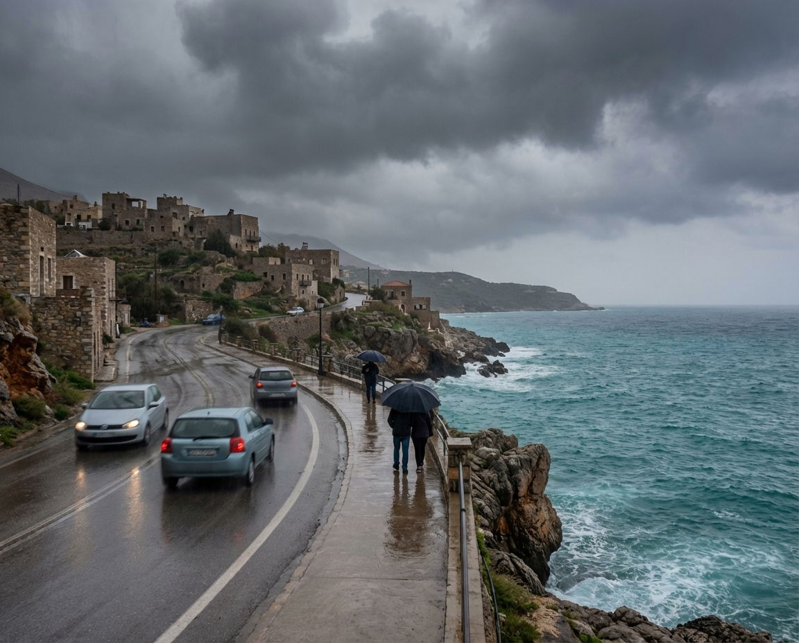 Rainfall over northern Crete with coastal landscape and cloudy skies.