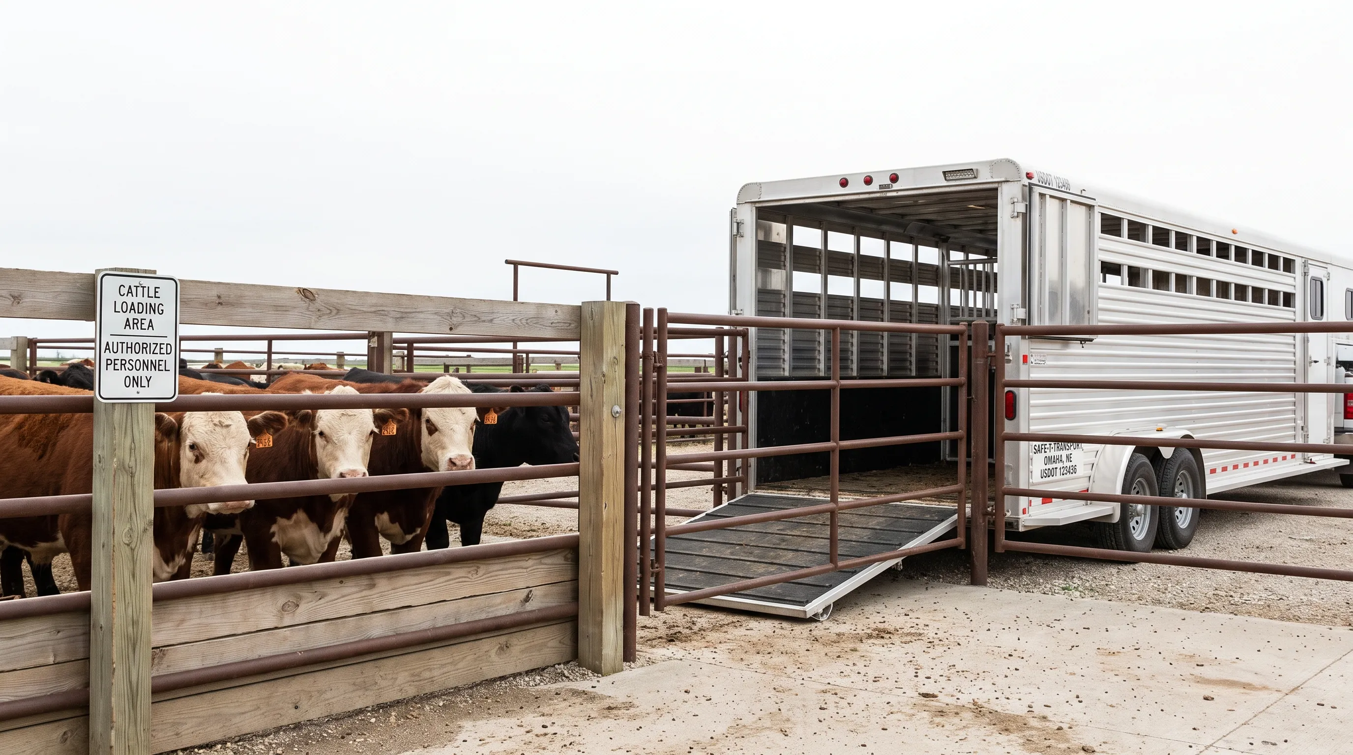 A livestock trailer is positioned at a clean cattle loading facility, with cattle behind secure fencing and a clear path to the loading chute.