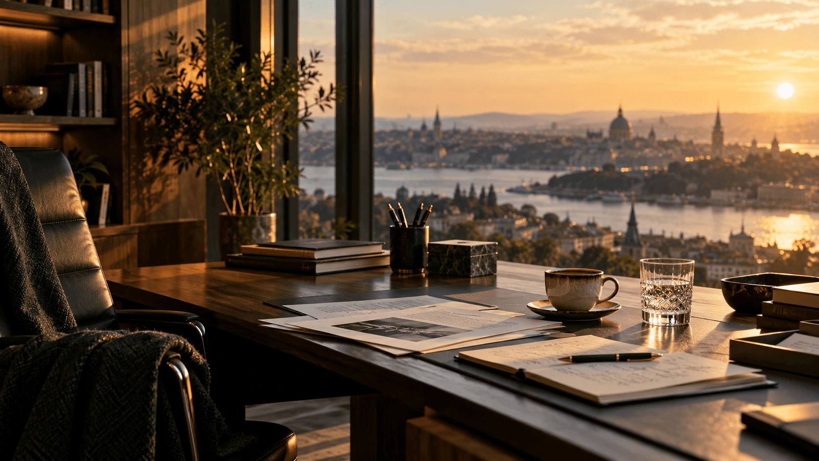 Financial reports and working papers arranged across a long desk at sunset.