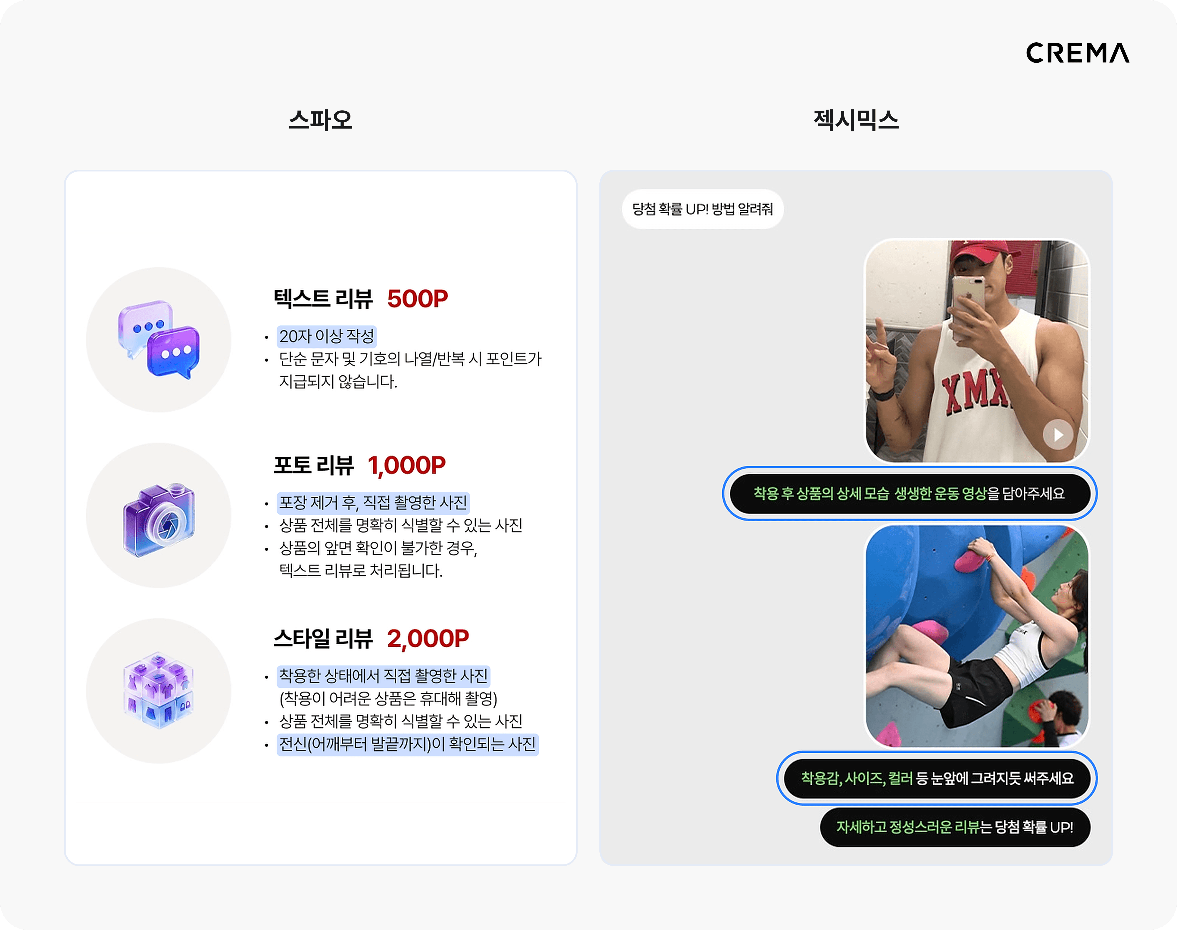 스파오와 젝시믹스가 고객에게 제공하는 포토·동영상 리뷰 작성 가이드 예시
