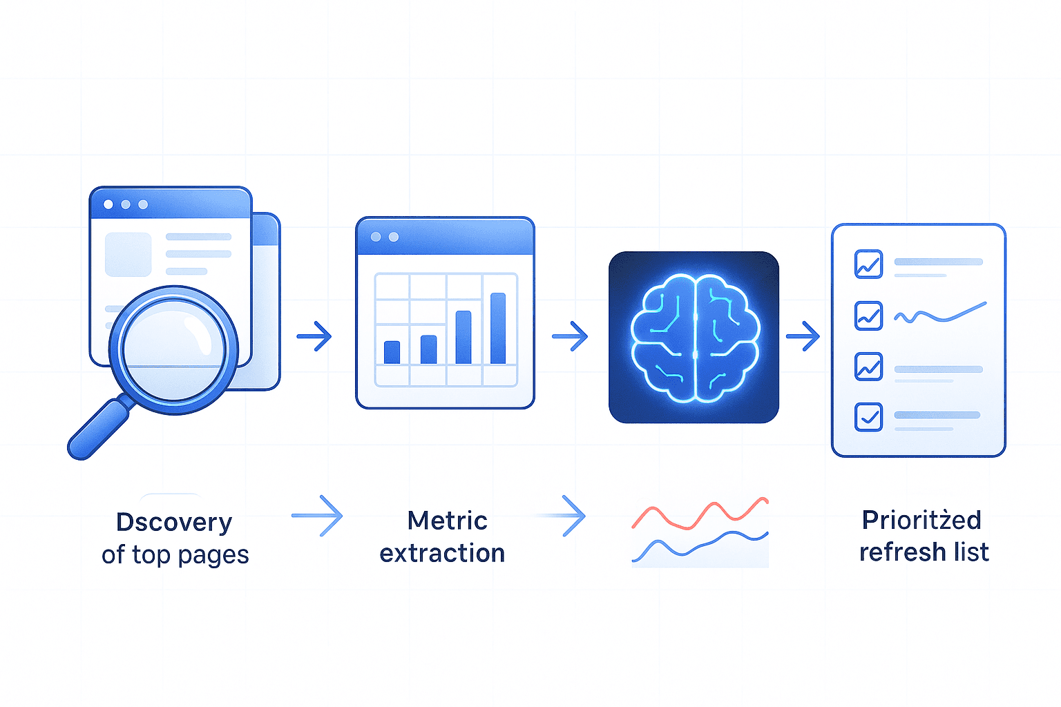Five-stage AI content audit workflow from page discovery to prioritized list visualized in a clean flow diagram.