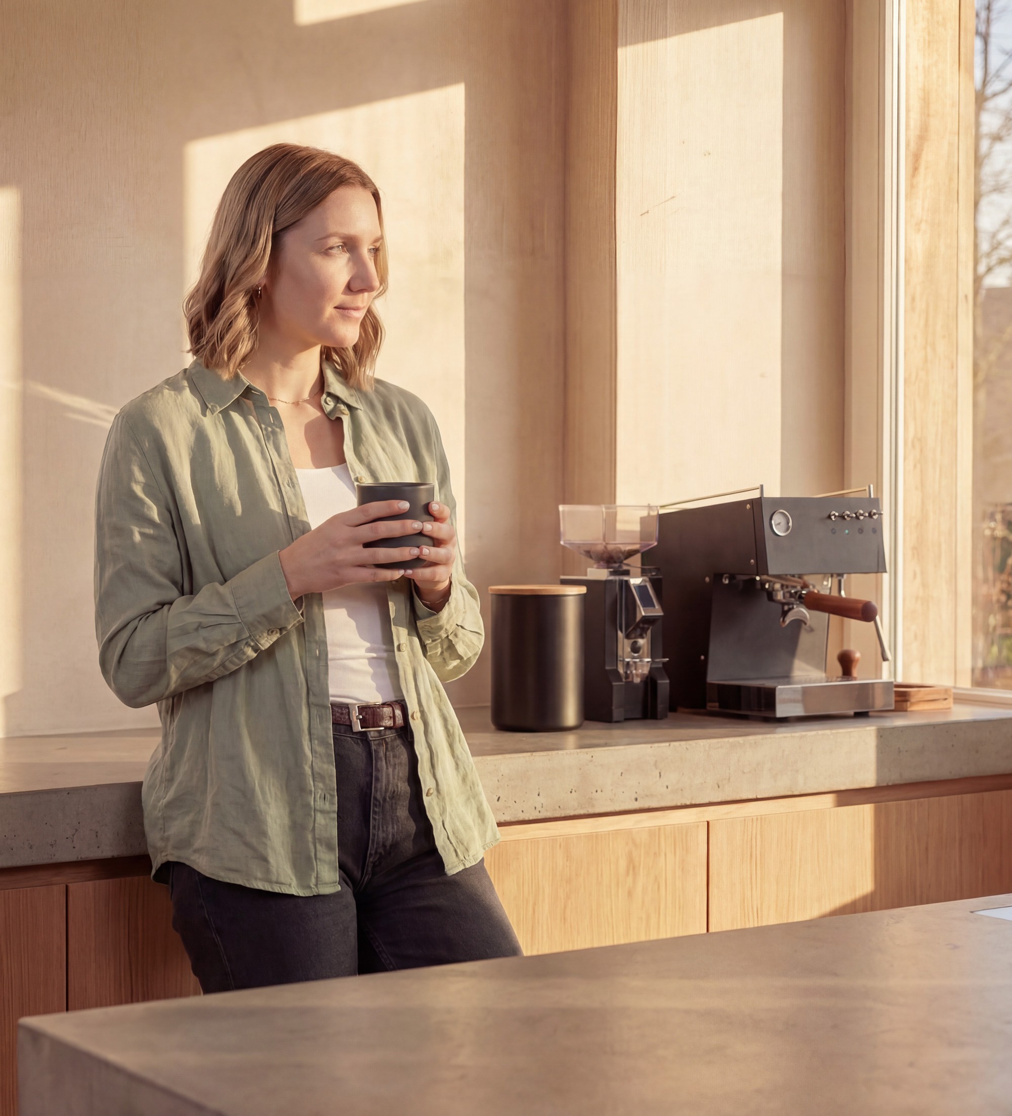 Close-up portrait of a person wearing a gray insulated hooded jacket with the hood up, showing their face framed by the hood against a light background.