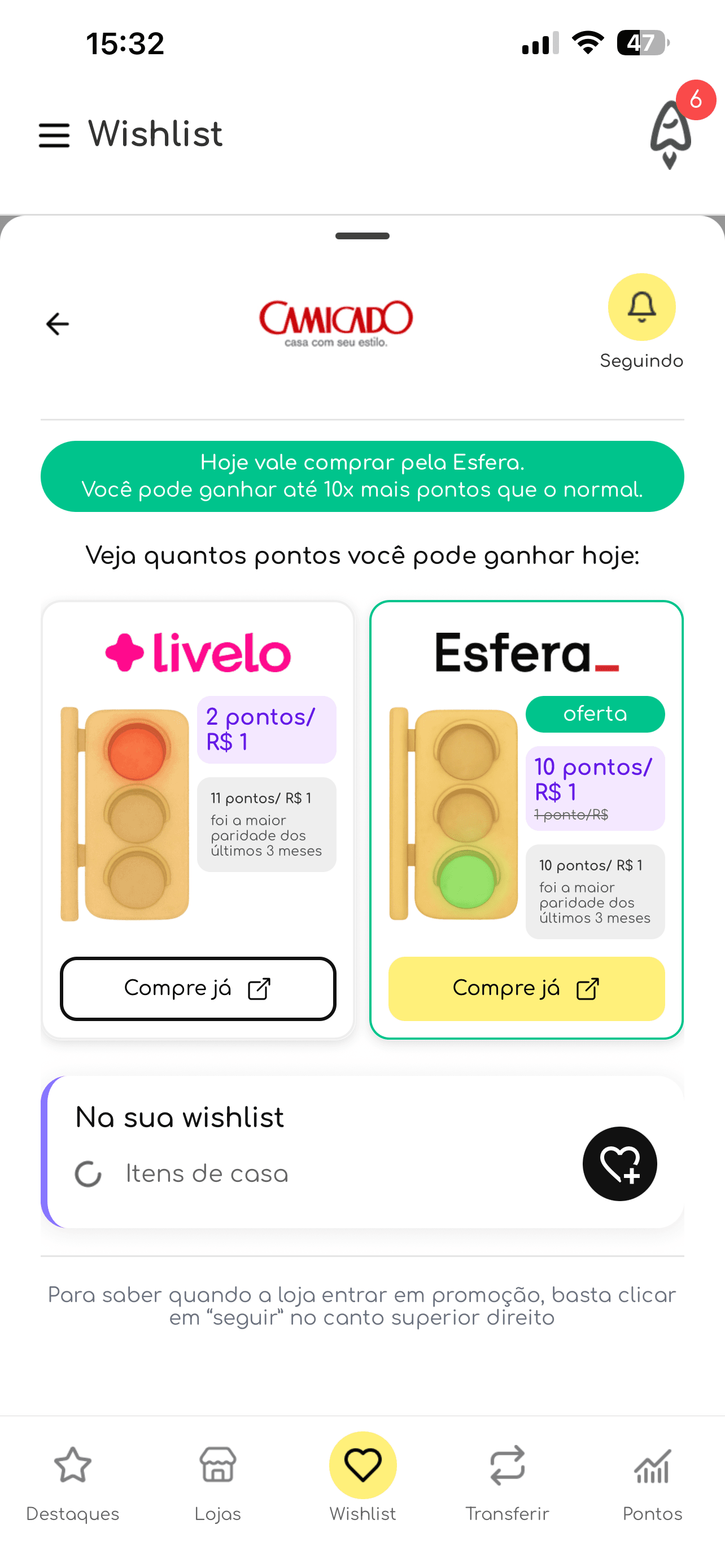 Tela da loja Camicado no AceleraPontos mostrando semáforo verde e oportunidade de acumular mais pontos pela Esfera antes de comprar.