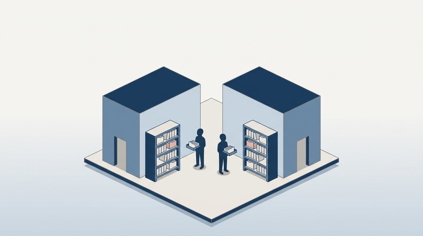 Isometrische Illustration: zwei Silhouetten zwischen zwei Gebäuden, vor jedem ein identisches Archivregal ohne Verbindung: doppelte Bestände nach dem Kauf.