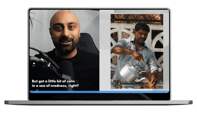 split-screen-on-laptop-man-speaking-into-microphone-on-left-text-displaying-subtitles-man-pouring-tea-from-kettle-on-right-outdoor-background