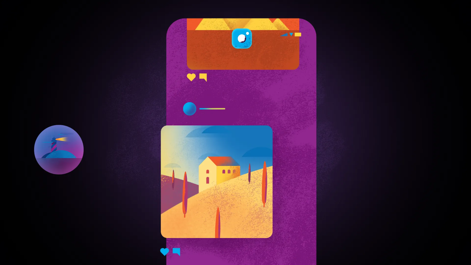 Stylized mobile app screen with colorful content cards and icons, with a small round image of a lighthouse to the side.