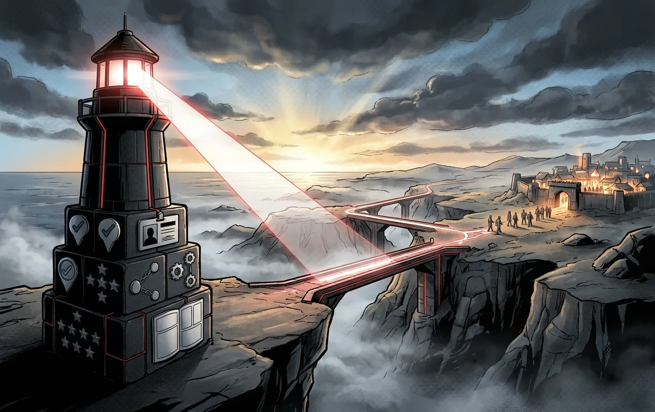 RockN' Socials lighthouse guiding to a digital marketing city at sunrise.