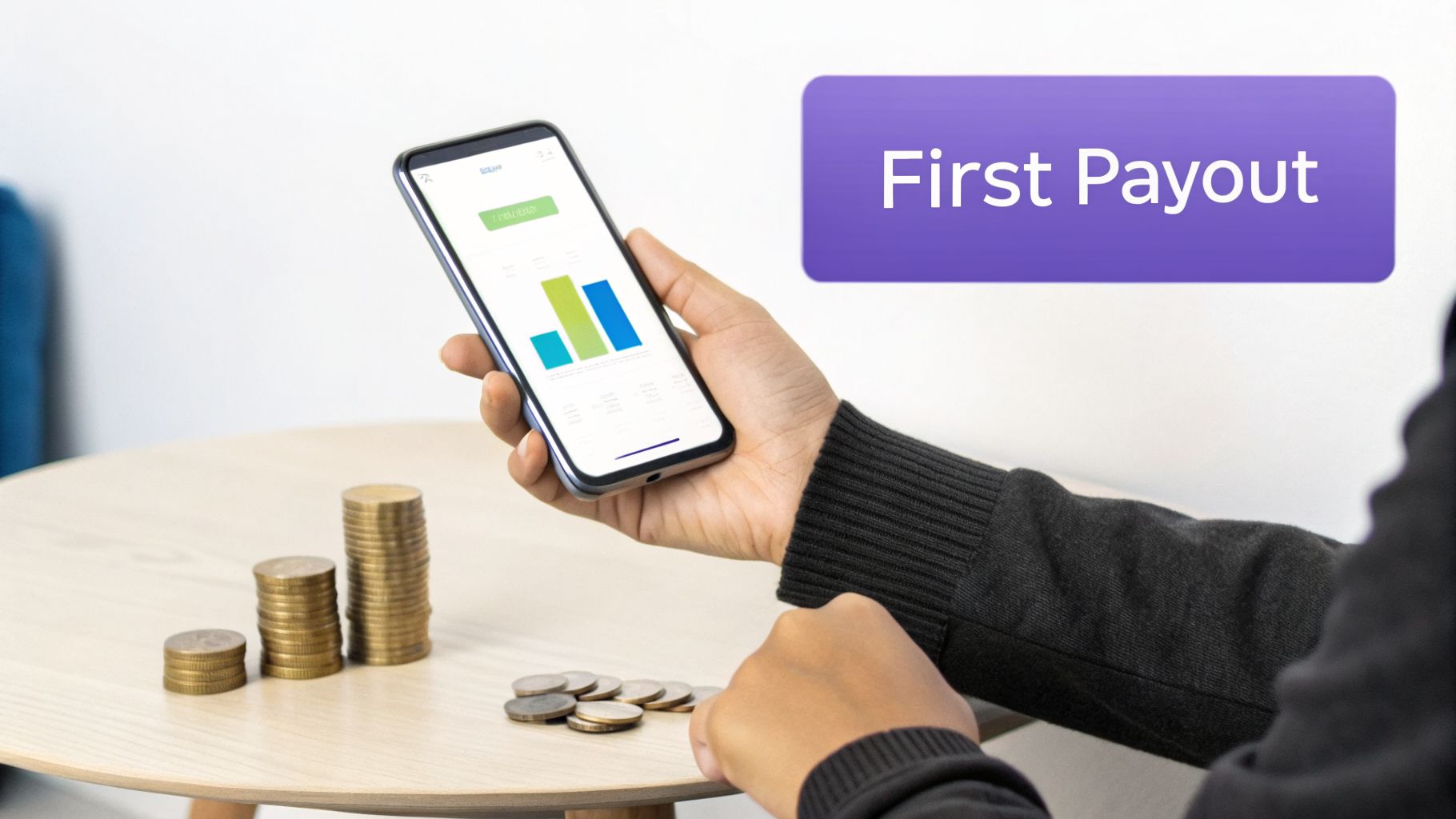 A person holds a smartphone displaying a financial app with graphs, beside stacks of coins. A banner says 'First Payout'.