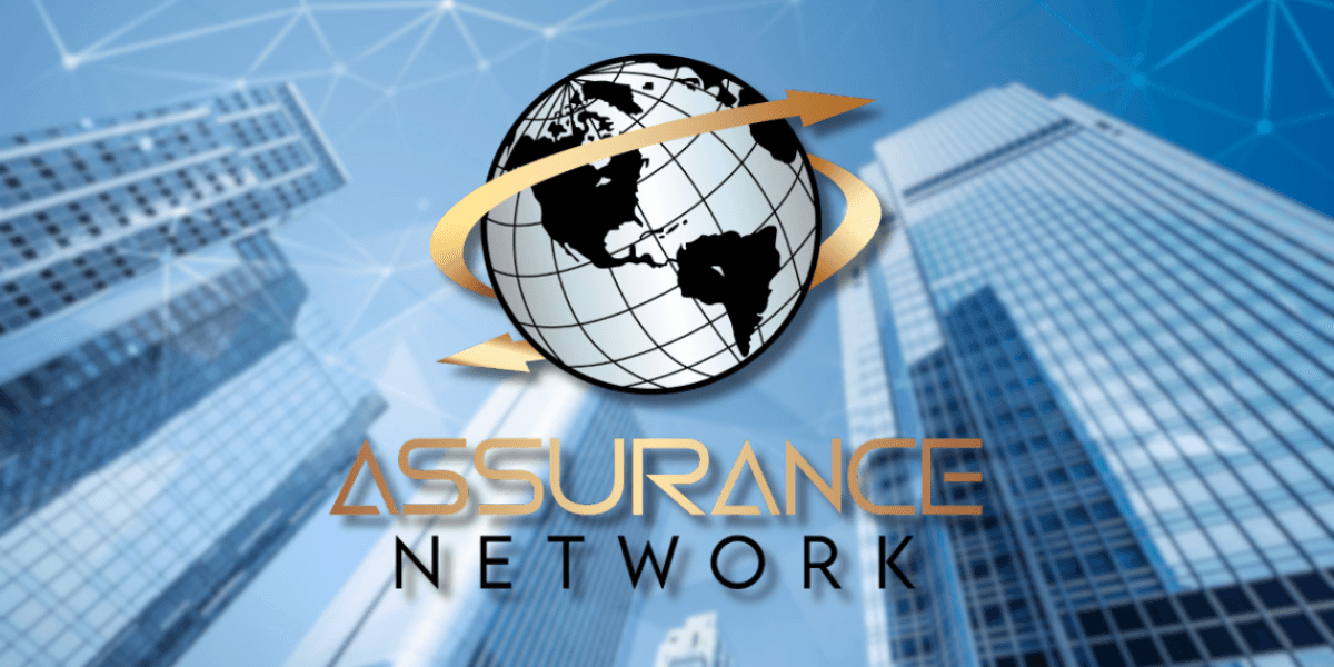 The Assurance Network logo with a global symbol, set against a modern city backdrop.