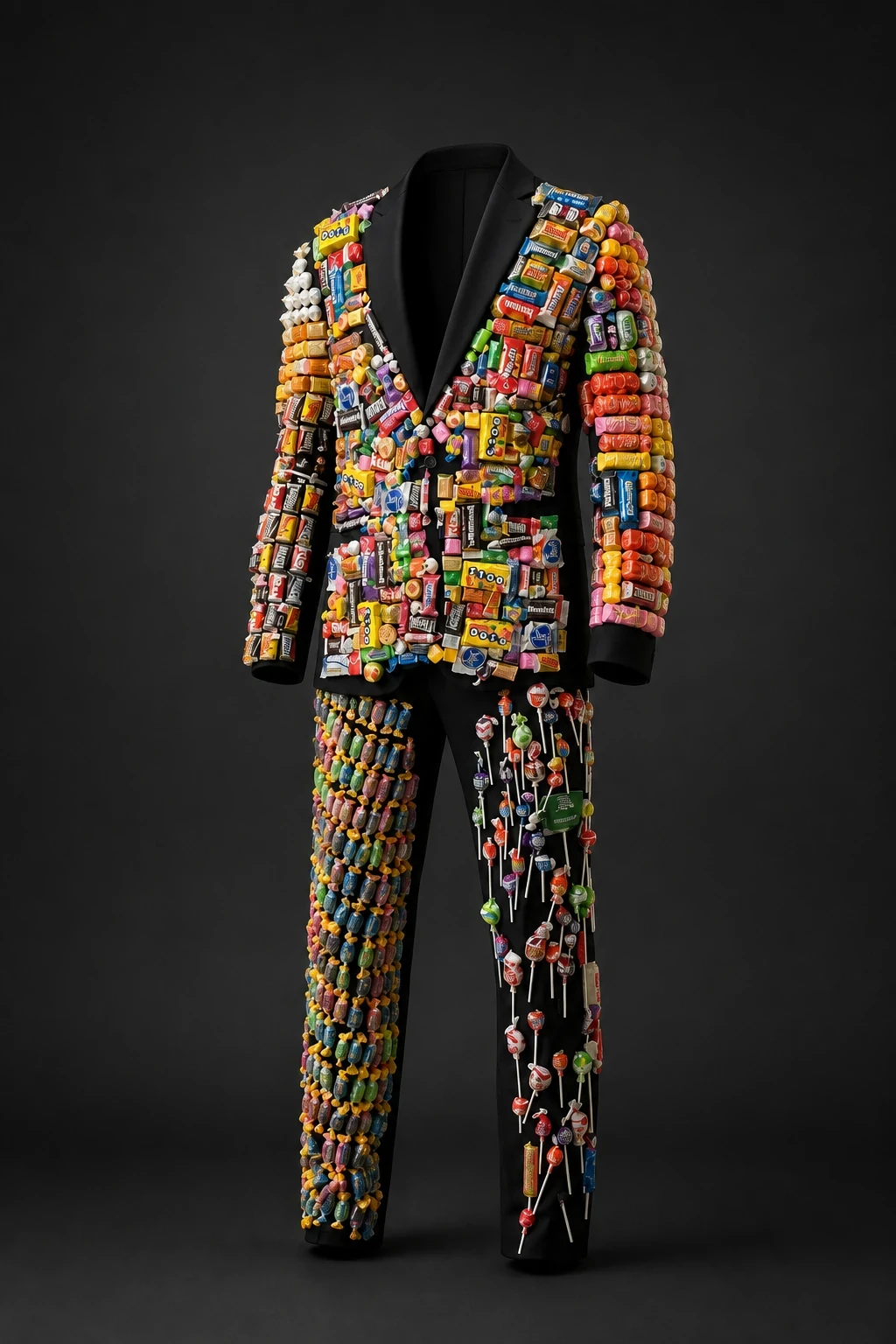 Editorial visualization of No Amayume, a black formal suit densely covered with colorful wrapped candy.