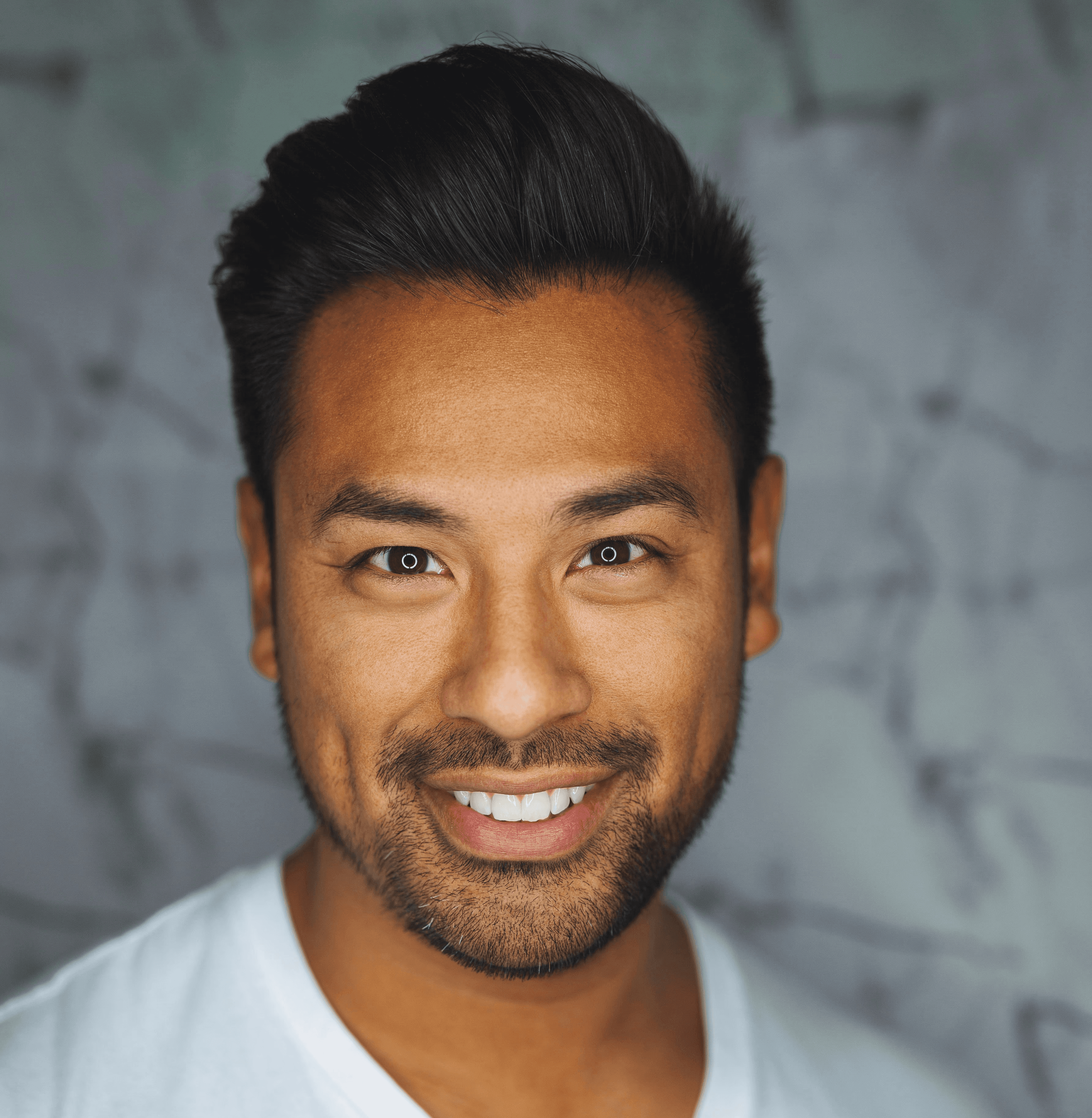 man wearing white V-neck shirt