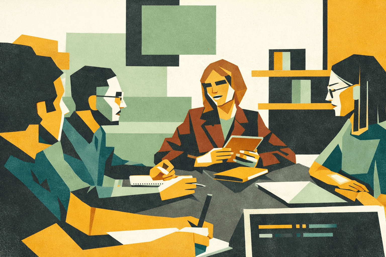 Gruppo di giovani professionisti in riunione che cercano chiarezza e orientamento nelle scelte di carriera