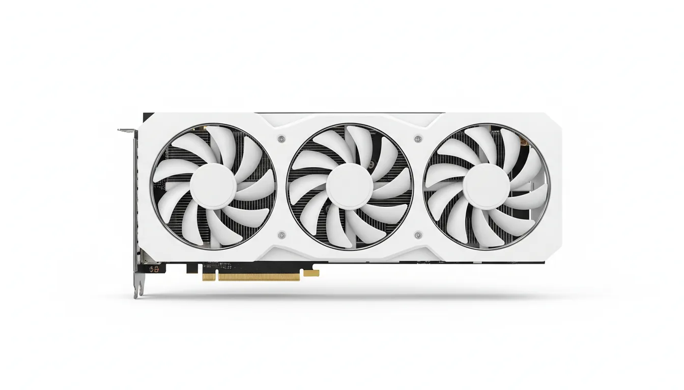 DSLR product photography of a high-end white GPU, isolated on a seamless white background. The graphics card features a sleek, matte white shroud with three large, angular-bladed cooling fans. Soft studio lighting evenly illuminates the details, highlighting the white plastic textures, silver metal bracket, and the black PCB with its gold PCIe connector. Full shot, sharp focus, hyper-detailed.